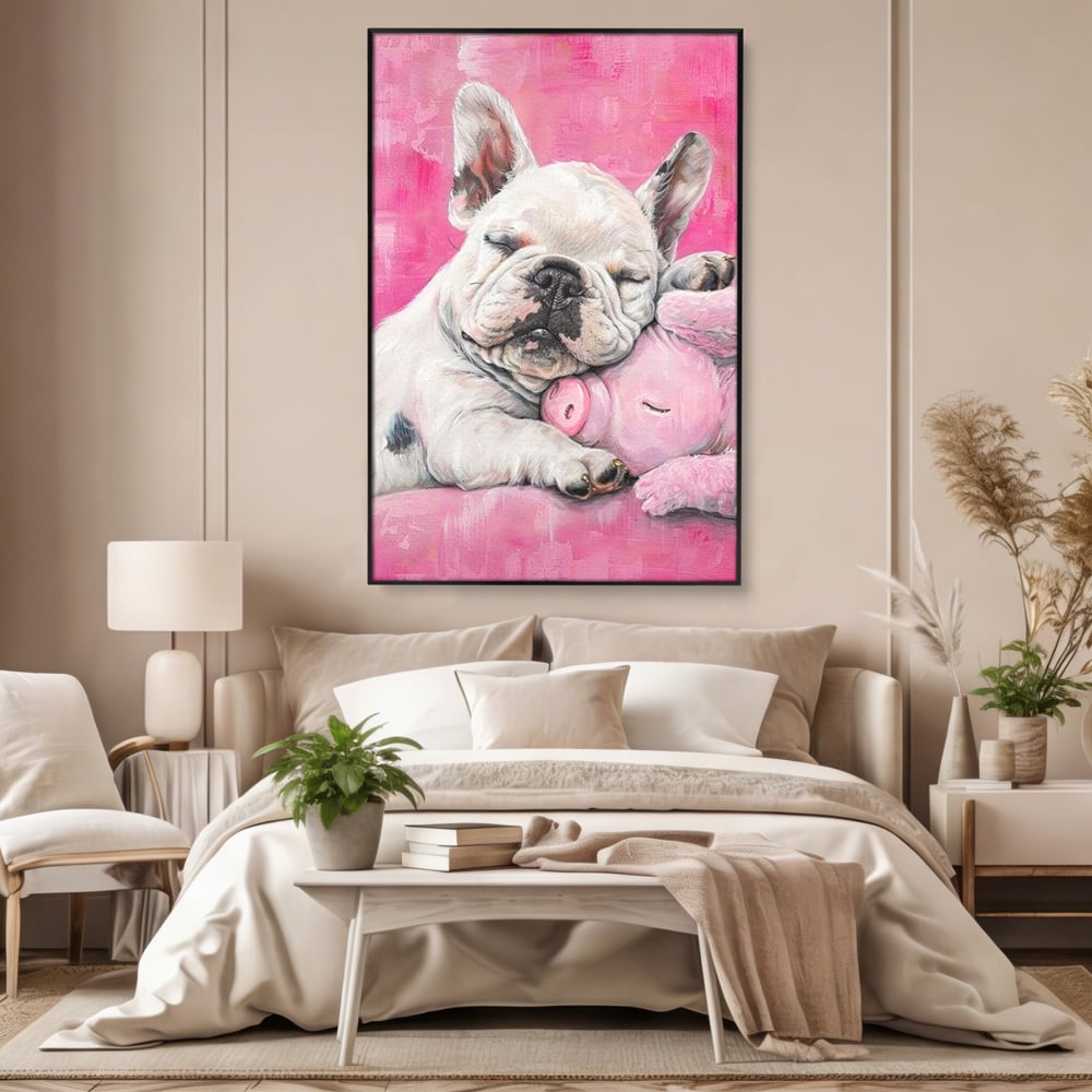 Tablou canvas cu pictura cu bulldog si porcusor, in rama de aluminiu negru, pe perete intr-un dormitor